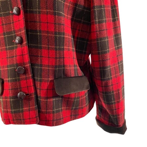 Liz Sport Red Black Plaid 5-Button Wool Blazer Sz 14P Brown Contrast Jacket EUC - Picture 3 of 13